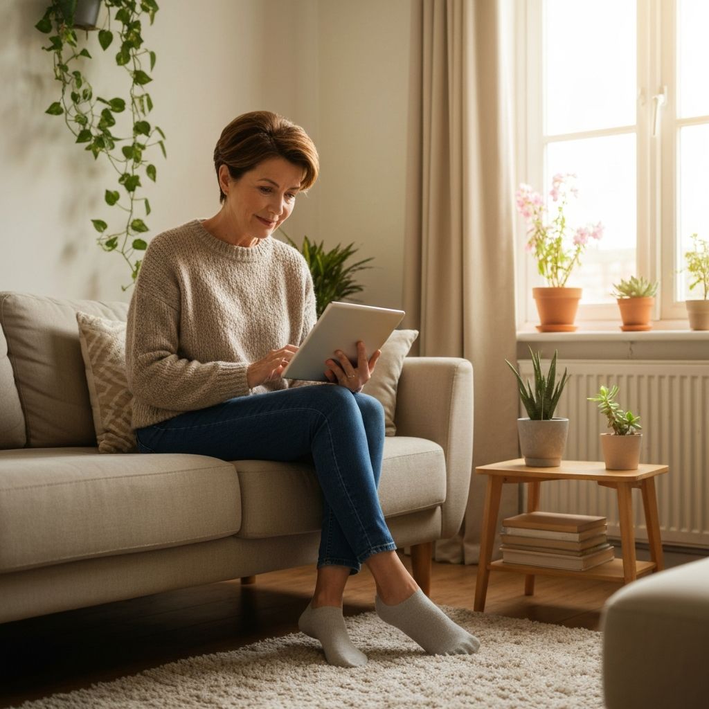 Person reading information on tablet in comfortable home setting