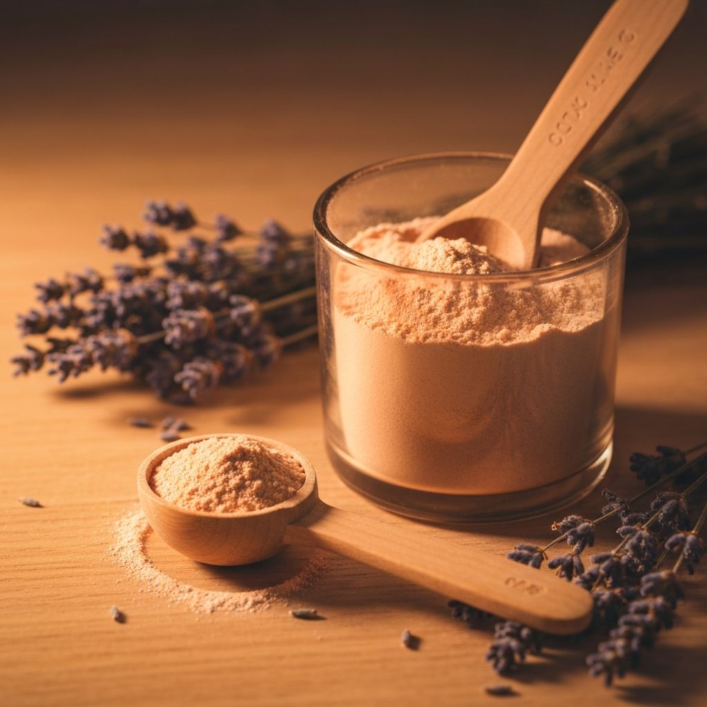 Evening calm complex powder in natural glass container with wooden spoon