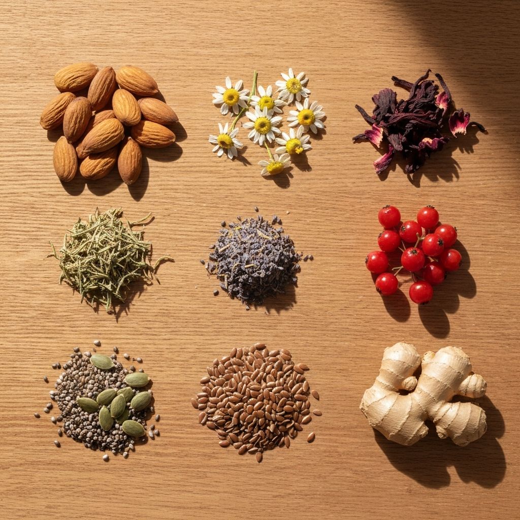 Natural ingredients arranged on wooden surface: nuts, dried herbs, and botanicals
